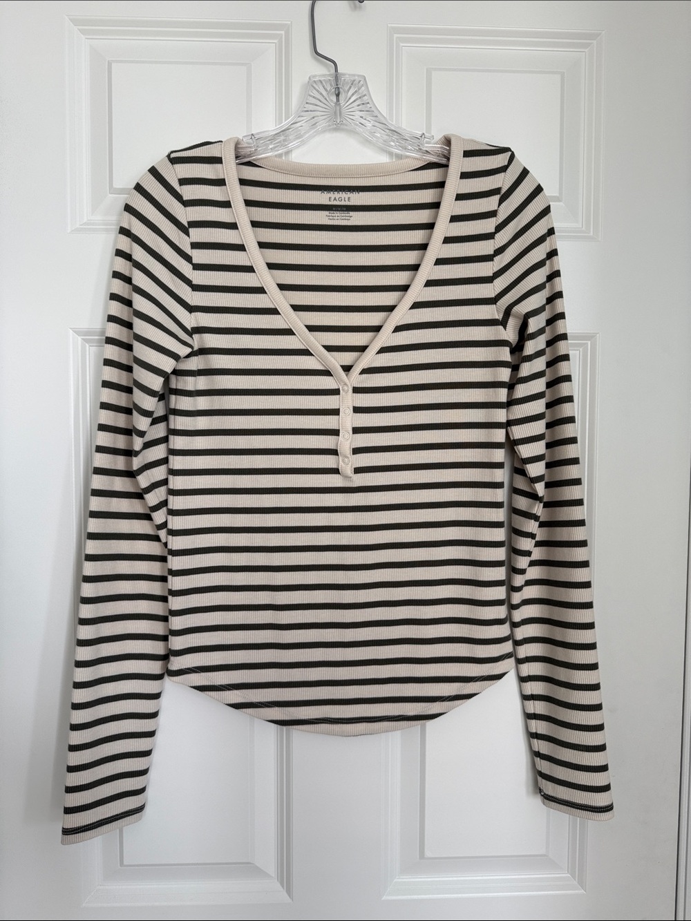 American Eagle Outfitters Cream & Green Striped Henley Long Sleeve Top